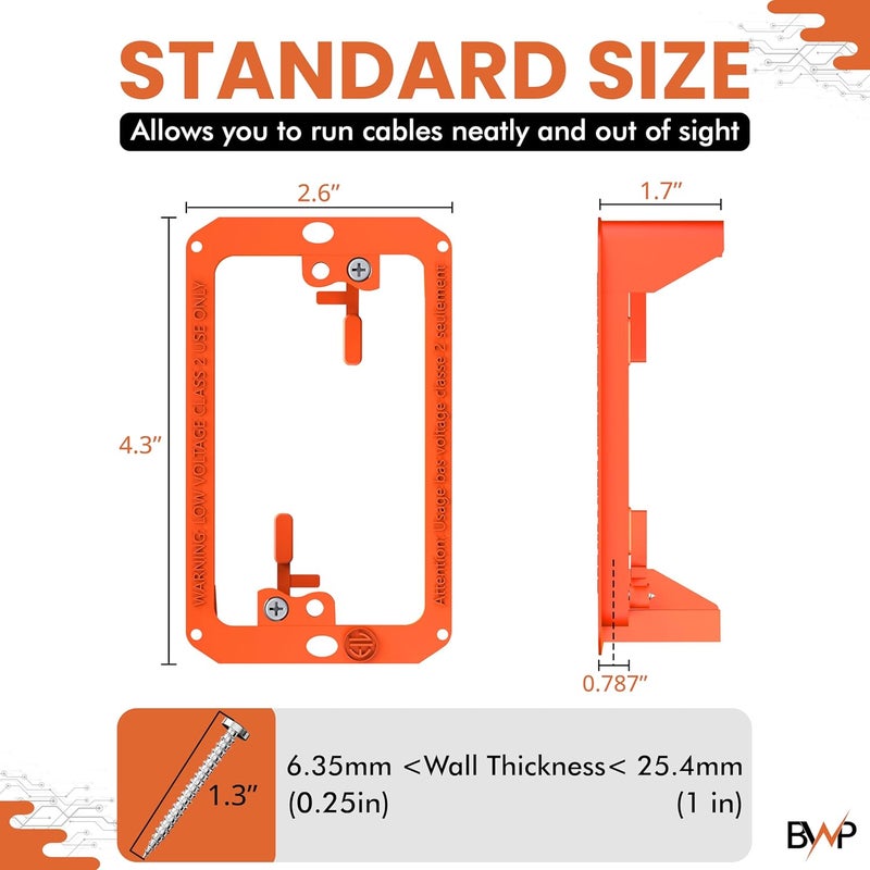 BWP Low Voltage Mounting Bracket 1 Gang, 2 Pack for Single Gang Wall Plate, Telephone Wires, Network Cables, HDMI, Coaxial, Speaker Cables - Low Voltage Box Cable Wall Plate Bracket, Mud Ring - Image 2